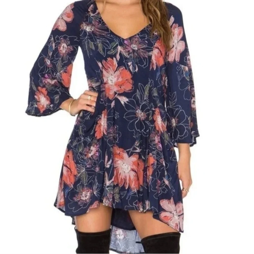 Free People Eyes on You Printed Mini Dress in Navy Combo - Picture 1 of 15